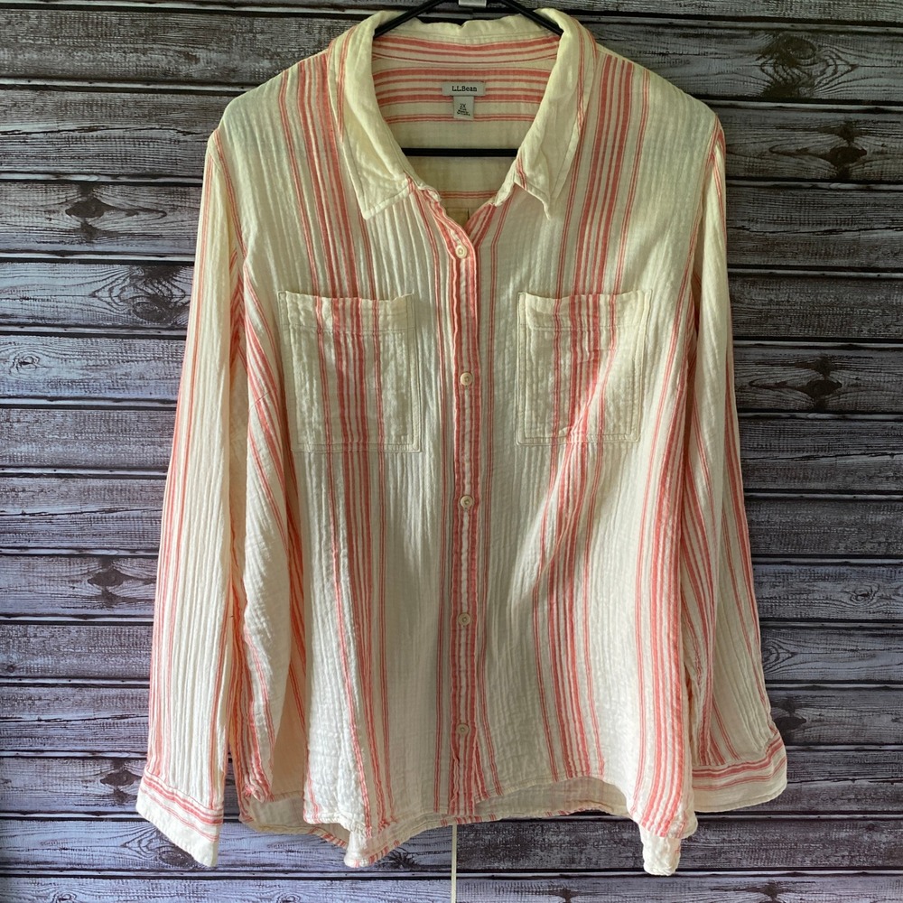 LL Bean Women's Long-Sleeved Button-Down Top Size 2X Off-White Reddish Gauze